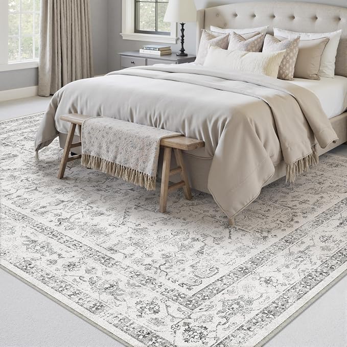 Grey 9x12 Area Rug Vintage Washable Living Room Carpet Non Slip Neutral Bedroom - Image 4
