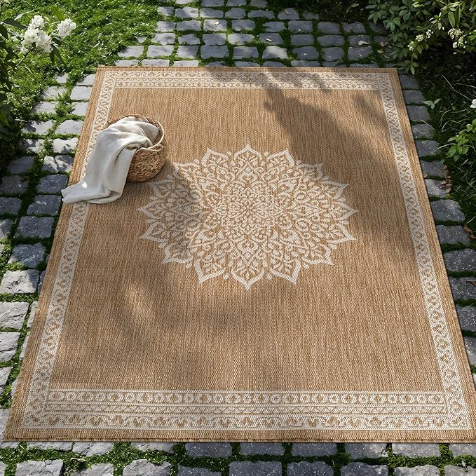 CAMILSON Outdoor Rug 10x14 Medallion Natural Modern Large Area Rugs - Image 7