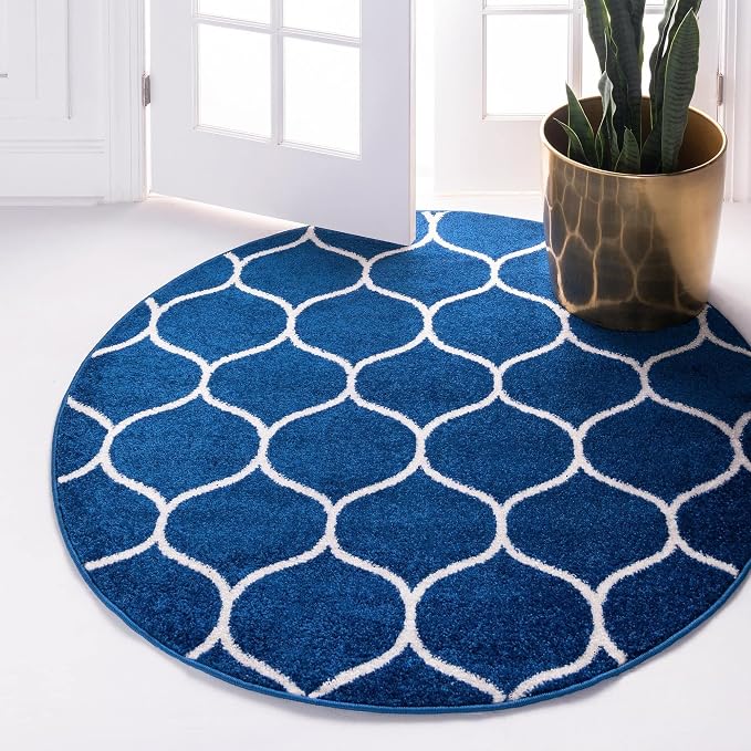 Rugs.com Lattice Frieze Collection Rug – 5' Round Navy Blue Medium Rug Perfect by Rugscom
