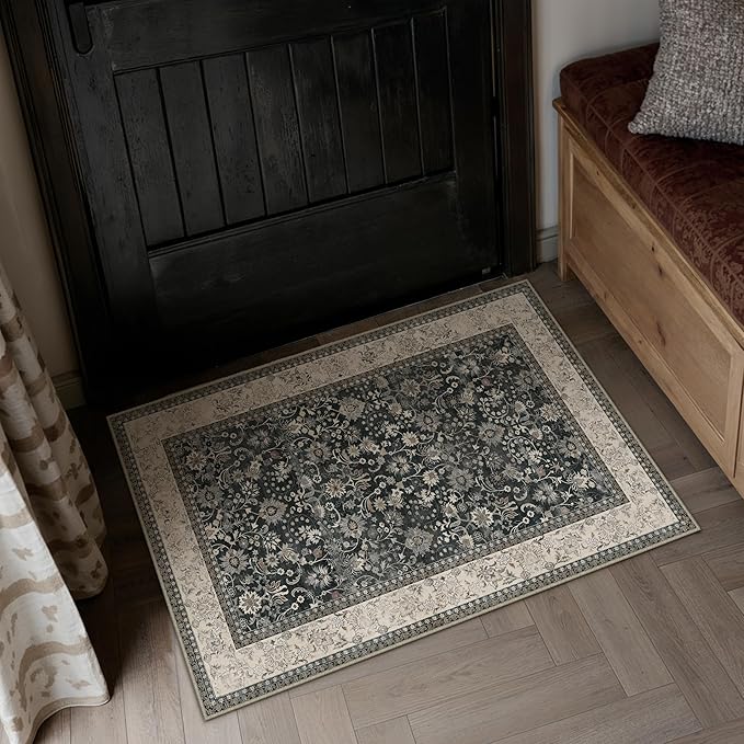 HUGEAR 2x3 Entryway Rug Machine Washable Area Rug Black Beige Small Rugs Door by HUGEAR