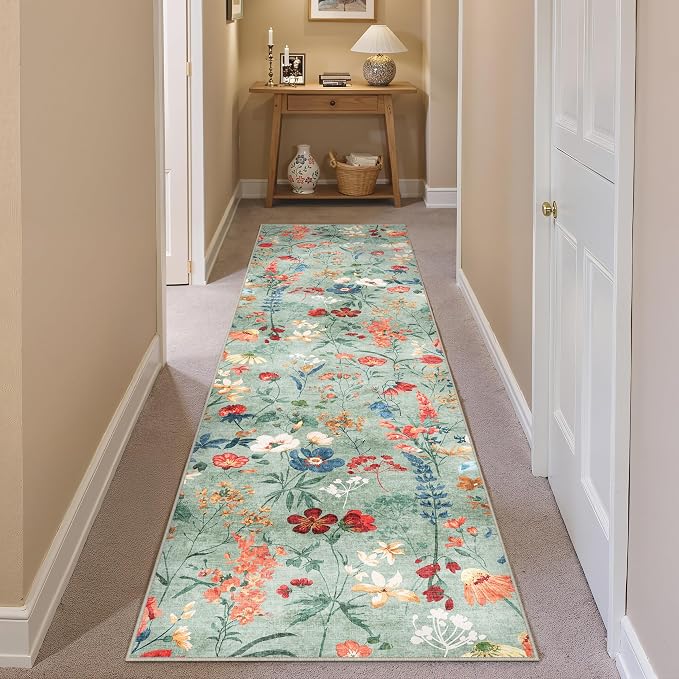 Floral Runner Rug 2x8 Washable Hallway Long Green Bedroom Carpet Non Slip - Image 6
