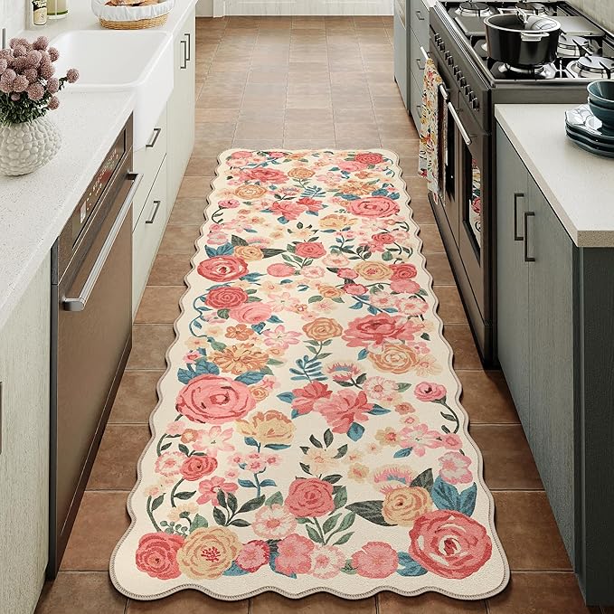 Washable Floral Runner Rug 2x6 Beige Hallway Carpet Scalloped Flower Non Slip by PureCozy
