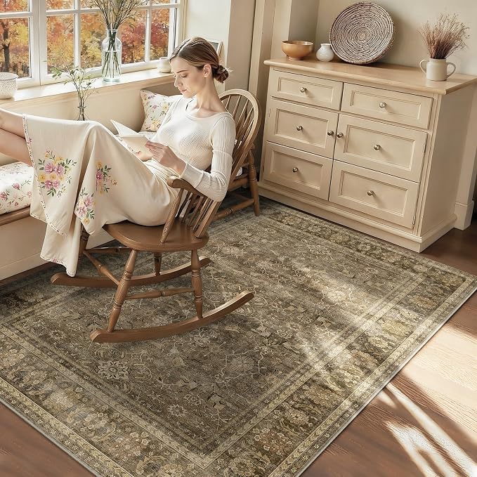 HelloTree Vintage Area Rug 4x6 Brown Entryway Office Washable Carpet Non Slip - Image 3
