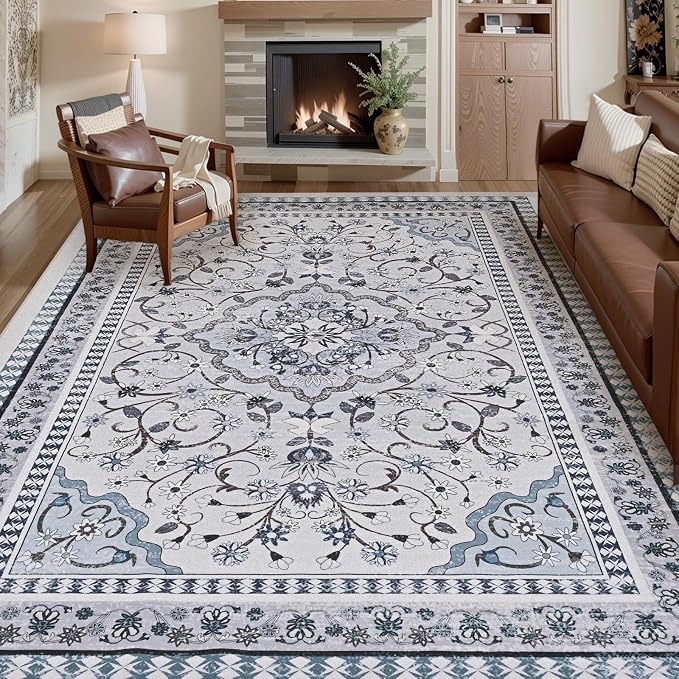 Luxury 8' x 10' Green Washable Area Rugs, Boho Low Pile Easy Clean Non-Slip Rug by BLEUMCADE