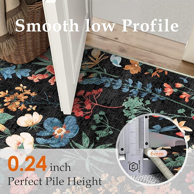 Floral Runner Rug 3x12 Washable Hallway Long Black Bedroom Carpet Non Slip - Image 3