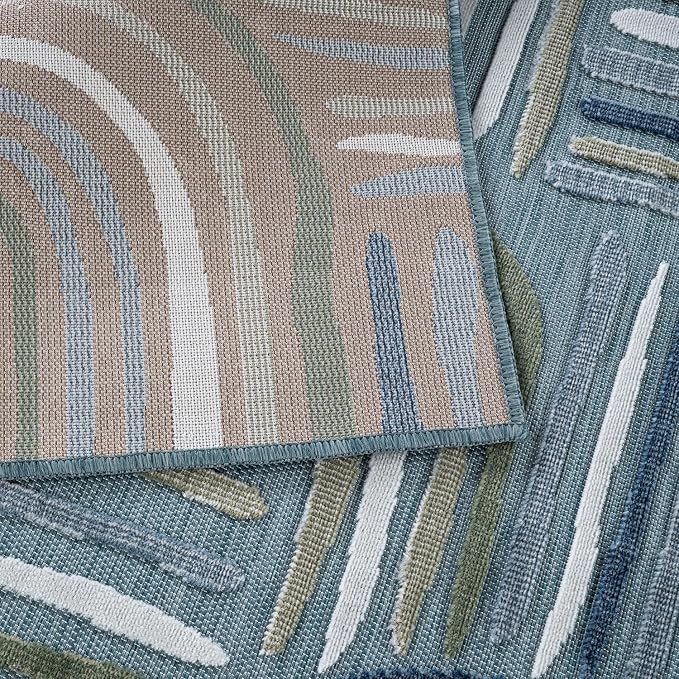 CAMILSON Indoor Outdoor Rug, Aqua 8x10 Geometric Arch Striped Area Rugs - Image 3