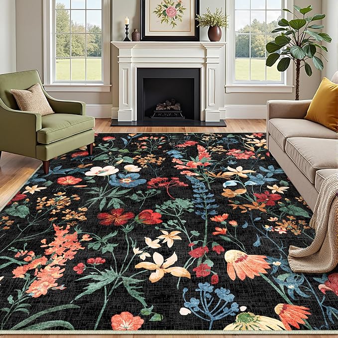 Black Area Rug 8x10 Floral Washable Living Room Kitchen Boho Carpet Non Slip - Image 6