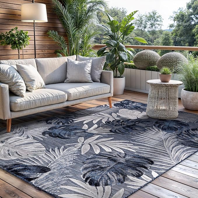CAMILSON Indoor Outdoor Rug Navy Blue 5x7 Leaf Tropical Botanical Area Rugs - Image 4