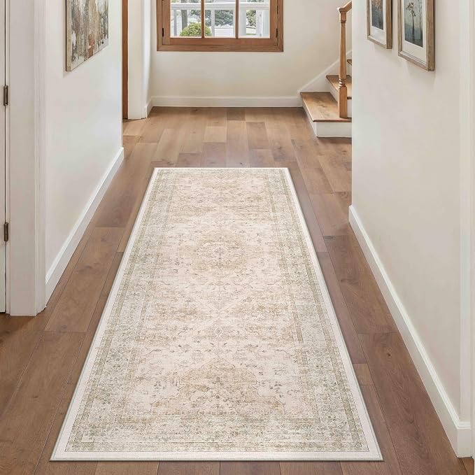 Hallway Runner Rug 2x5 Washable Beige Vintage Distressed Runner Oriental Soft by PureCozy