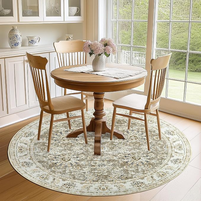 jinchan Fiora Round Rug 6ft Area Rugs Vintage Floral Distressed Design - Image 2