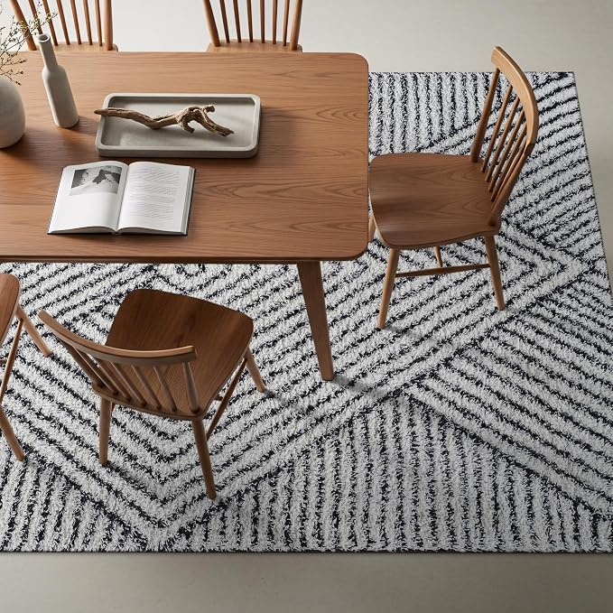 Rugshop Geometric Diamond Stripe Shag Area Rug White 7' 10" x 10' Perfect - Image 9