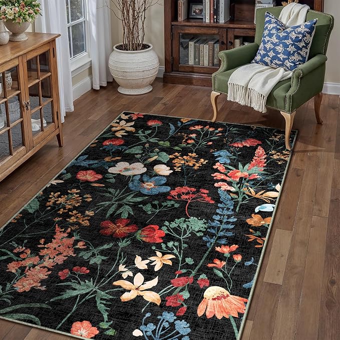 Black Area Rug 3x5 Office Floral Boho Door Mat Indoor Washable Kitchen Carpet - Image 5