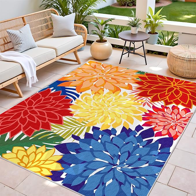 Colorful 4x6 Outdoor Area Rug Washable Rugs Multicolored Patio Rug Tropical - Image 3