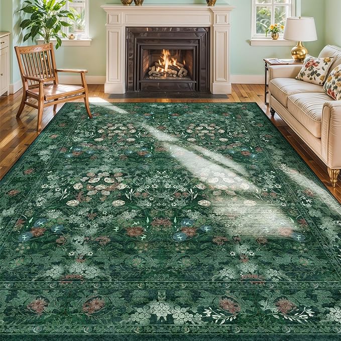 Green Floral 8x10 Living Room Area Rug, Washable Vintage Distressed Rug - Image 4