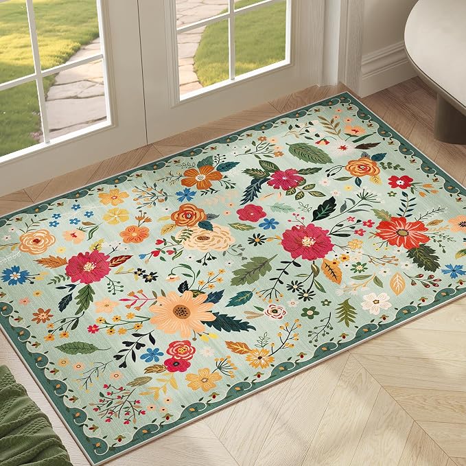 2x3 Washable Rug for Entryway, Floral Green Soft Small Area Rug, Non Slip by ARKIIKI