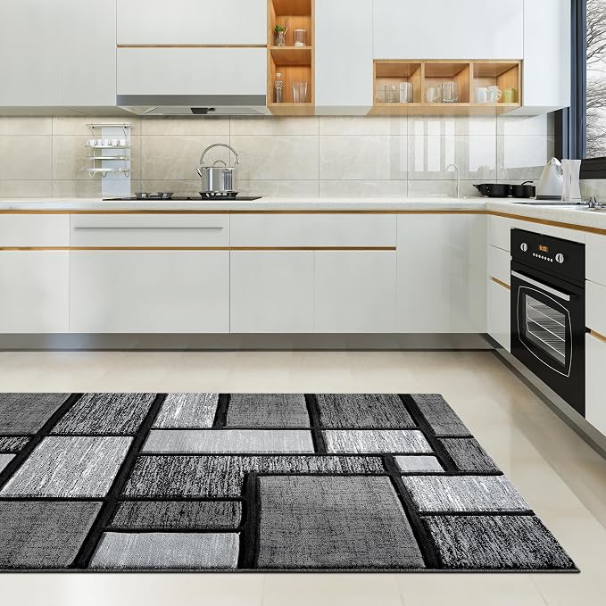Area Rug Modern 2x7 Grey Black Squares Geometry Soft Hand Carved Contemporary - Image 8