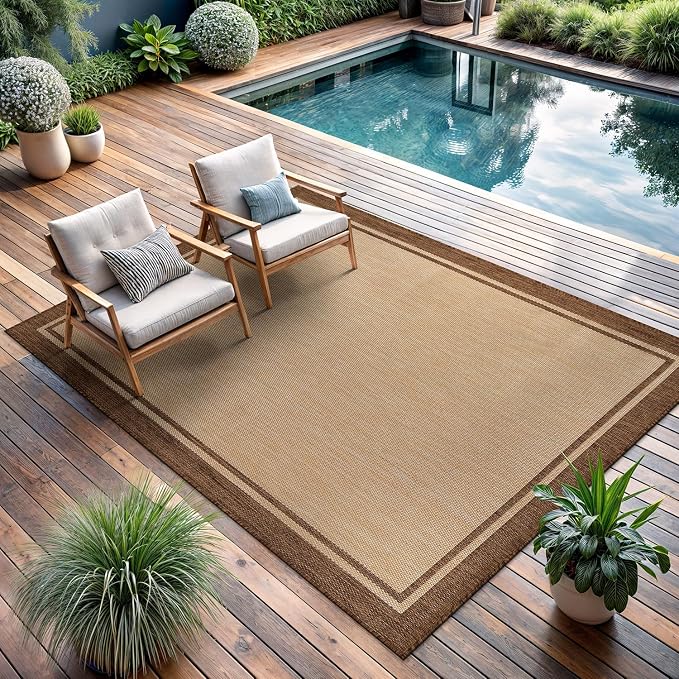 CAMILSON Indoor Outdoor Rug, 10x14 Bordered Natural Brown Modern Large Area Rugs - Image 4