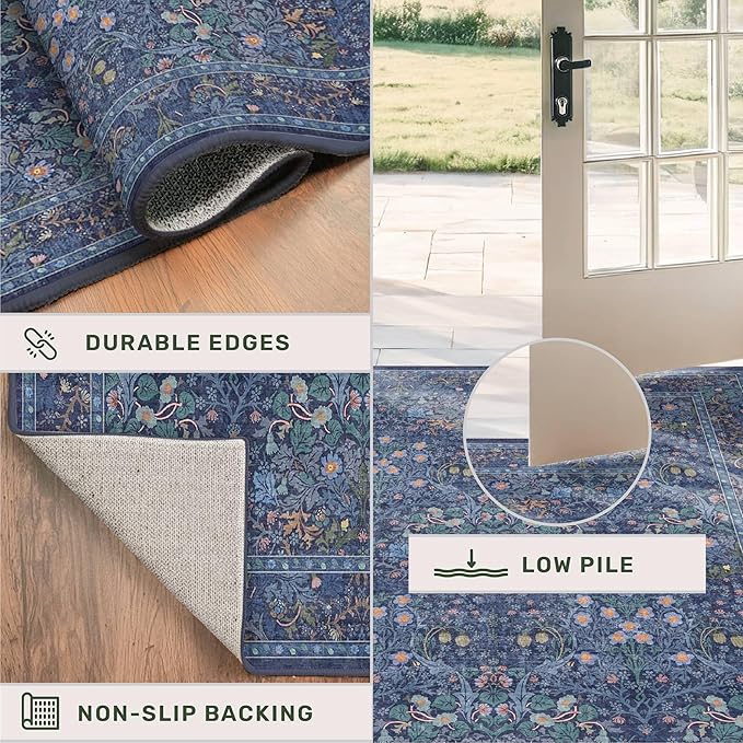 Vintage Dark Blue Living Room Rug, 7x10 Washable Large Area Rugs - Image 5
