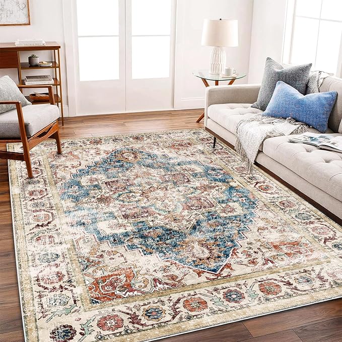 Washable Area Rug 5'x7' for Living Room Retro Beige Blue Boho Chic Medallion - Image 2