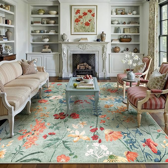 Green Area Rug 5x7 Floral Washable Living Room Kitchen Boho Carpet Non Slip Low - Image 6