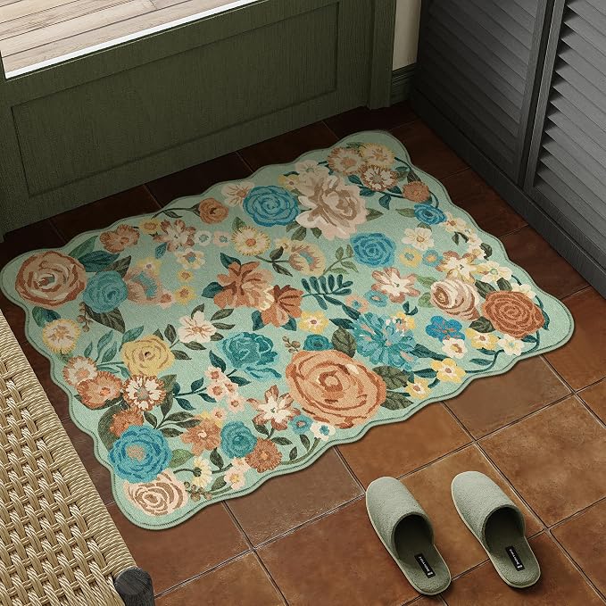 Washable Floral Area Rug 2x3 Green Small Entryway Carpet Scalloped Flower Non - Image 4