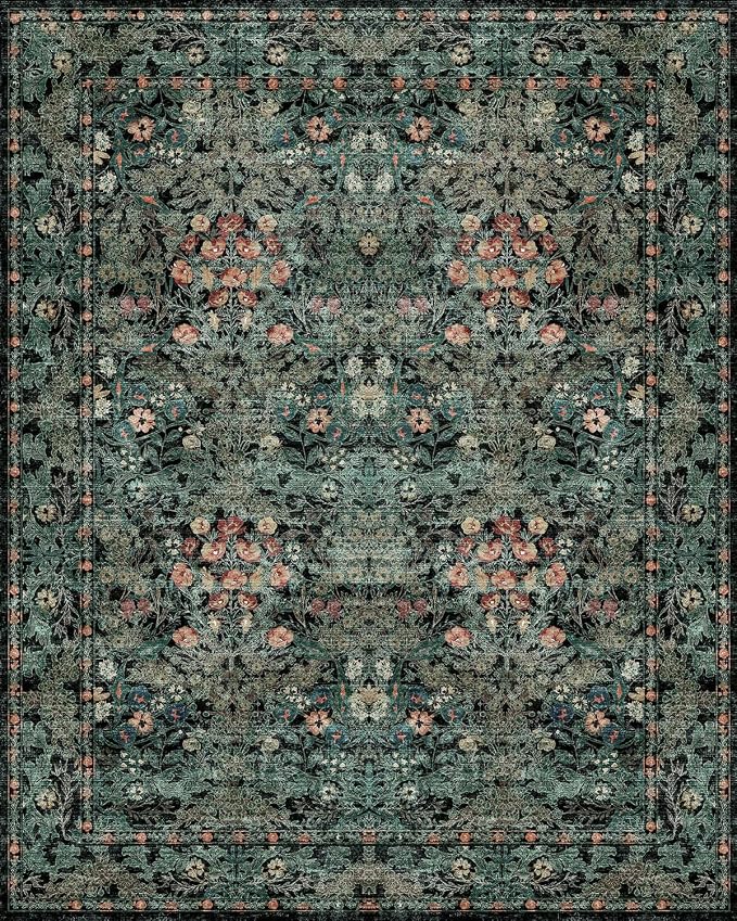 Dark Green Boho 5x7 Area Rugs for Bedroom Aesthetic, Washable Floral Rug for - Image 9