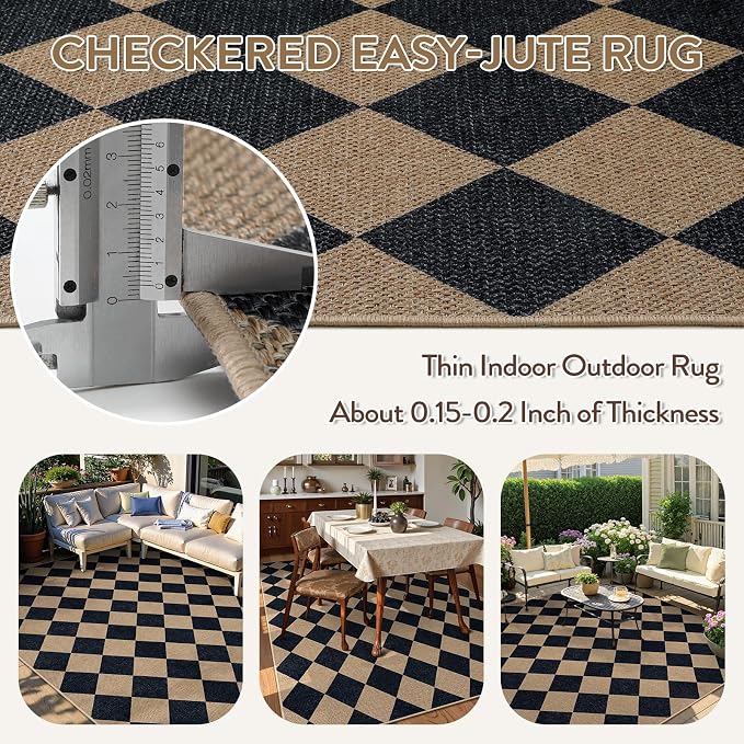 Lahome Checkered Easy Jute Patio Rug, 6x9 Washable Indoor Outdoor Rug, - Image 3