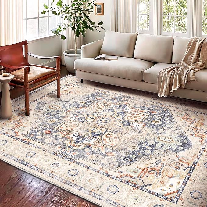 Area Rug 6'x9' Blue Khaki Washable Vintage Traditional Floor Cover Thin Retro - Image 2