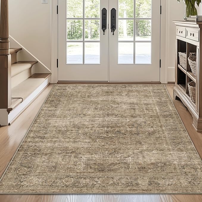 FMFUNCTEX 4x6 Washable Area Rug Neutral Vintage Brown Distressed Non Slip Low by Fmfunctex