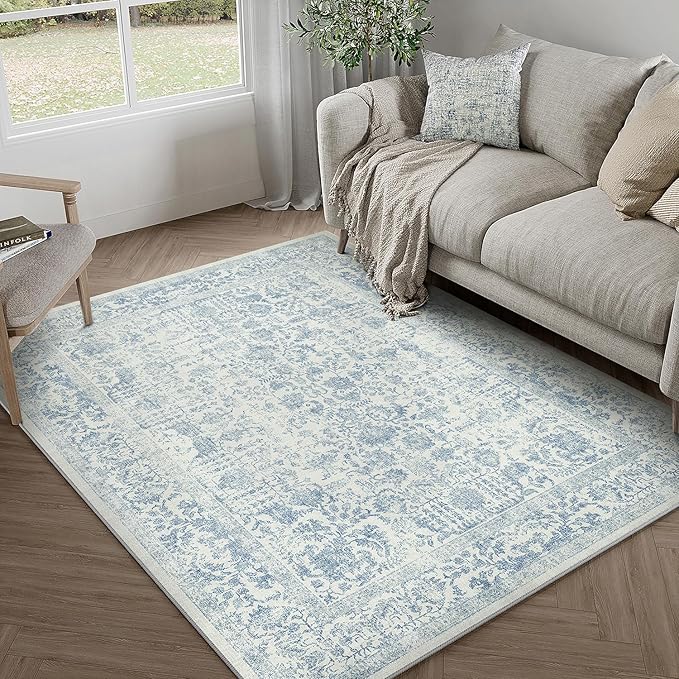Blue Area Rug 4x6 Office Entryway Rug Machine Washable Kitchen Vintage by PureCozy