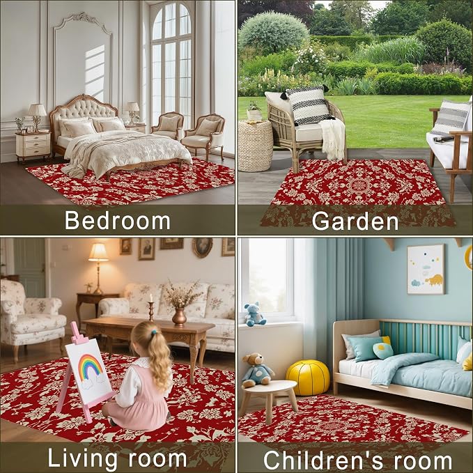 Red Flower Carpet for Living Room, 5x7 Non-Slip Washable Low Pile Abstract - Image 4