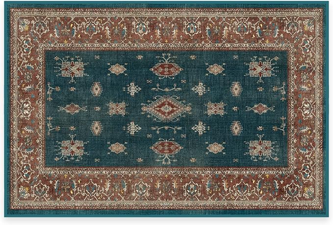 RUGGABLE Washable Vintage Area Rug – Verena Teal Blue 2x3, Stain-Resistant by RUGGABLE