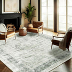 Washable Area Rug 10'x14' Floral Green Boho Design Non-Shedding Easy Care Ideal by CHAMPLANT