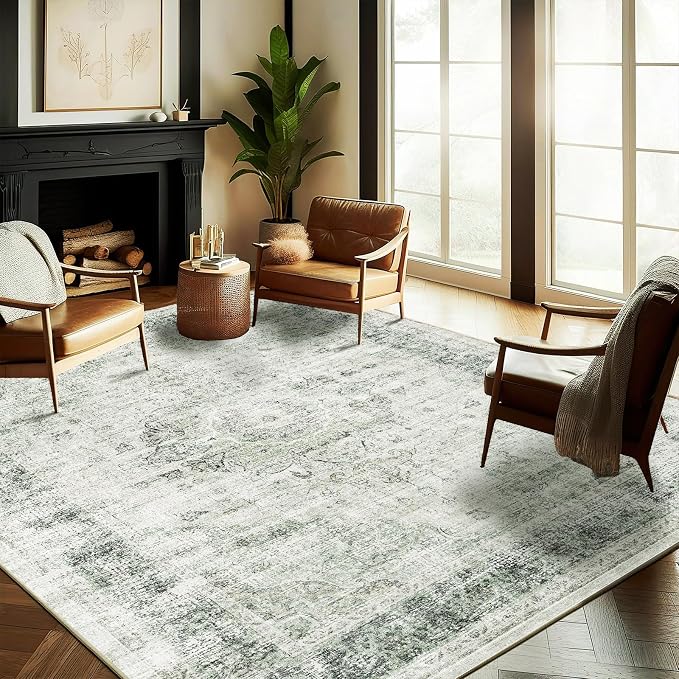 Washable Area Rug 10'x14' Floral Green Boho Design Non-Shedding Easy Care Ideal by CHAMPLANT
