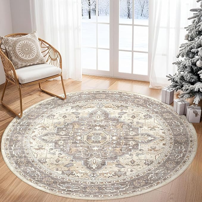 Round Rug Living Room Rugs: 4x4 Washable Boho Neutral Circle Soft Non-Slip - Image 7
