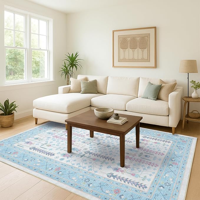 Fame Living Cream Blue Oushak Rug, Modern Rugs, Small Throw, Accent Area Rug - Image 9
