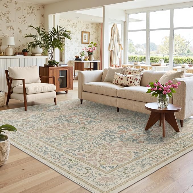 Bavni Floral Beige Pink Area Rugs 6x9, Vintage Boho Carpet Machine Washable - Image 3