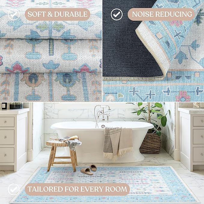 Cream Blue Oushak Runner Rug, Modern Runners, Long Runner Rugs - Image 5