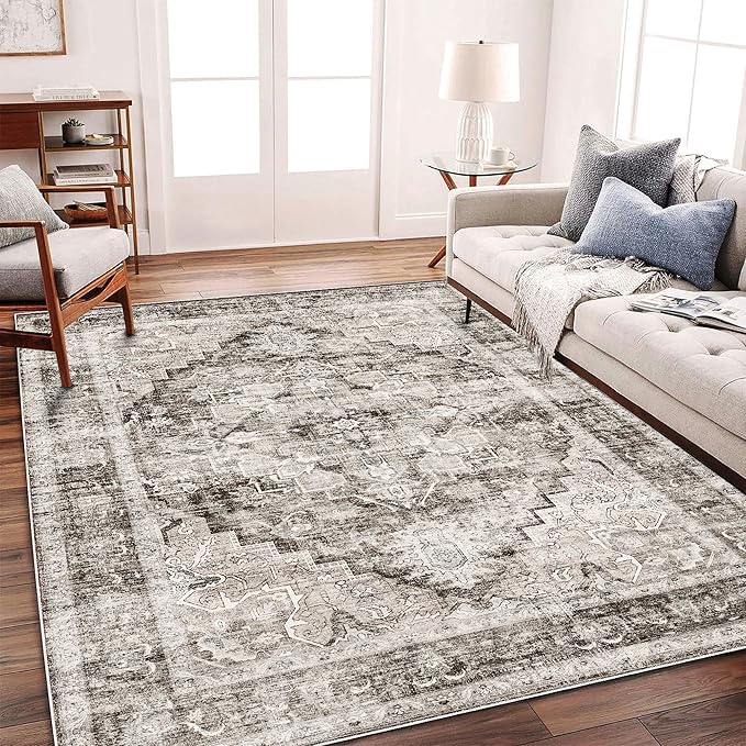 Area Rug 6'x9' Deep Khaki Washable Vintage Traditional Floor Cover Thin Retro by CHAMPLANT
