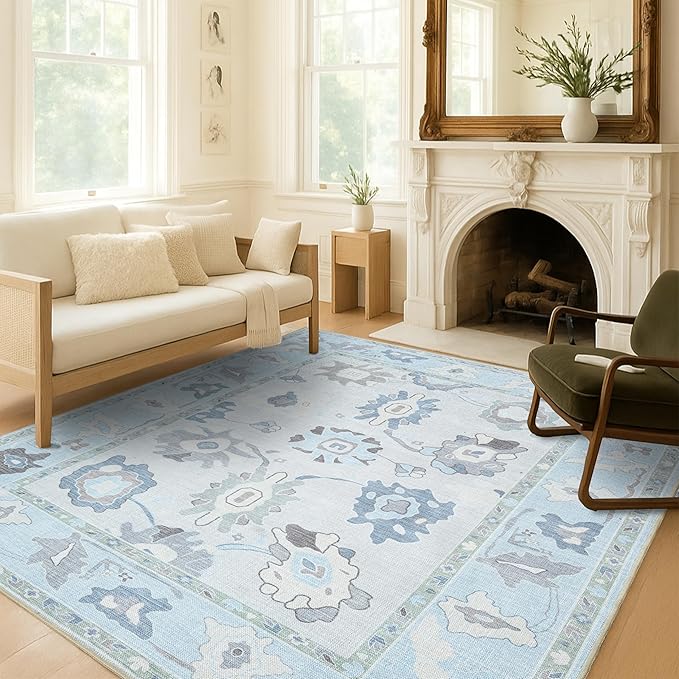 Cream Blue Oushak Rug, Modern Small Rugs, Door Mat, Doormat - Image 2