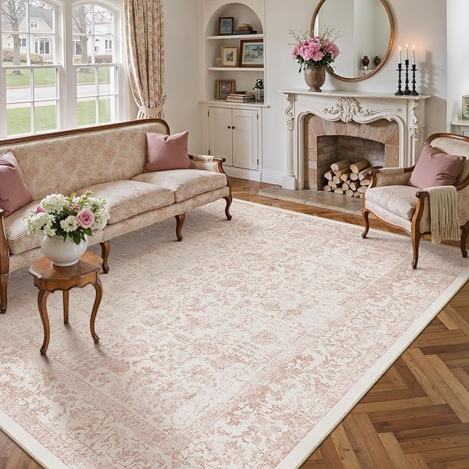 Pink Area Rug 9x12 Machine Washable Large Vintage Living Room Distressed Non - Image 6