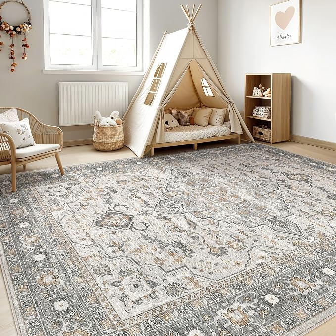 8x10 Area Rugs Living Room: Washable Boho Large Neutral Vintage Soft Rug Stain - Image 5