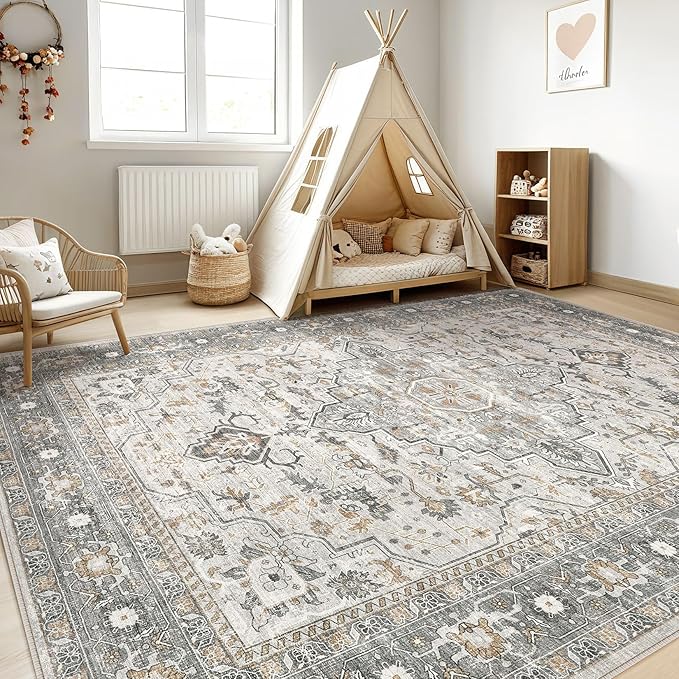9x12 Area Rug Living Room: Washable Boho Large Neutral Vintage Soft Rugs Stain - Image 5
