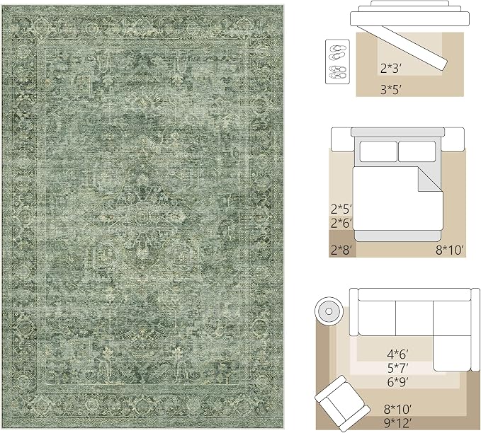 FMFUNCTEX 4x6 Washable Area Rug Green Neutral Vintage Distressed Oriental Non - Image 2
