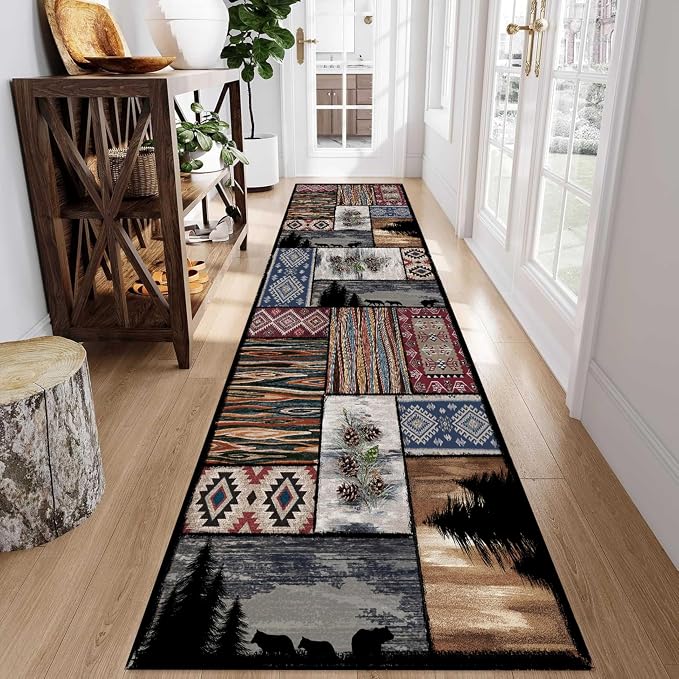 Rustic Country Woodland Rug, Bohemian Forest Woodland Animal Bear Wolf - Image 3