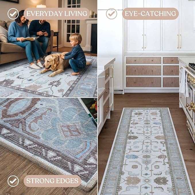 Fame Living Cream Grey Oushak Runner Rug, Modern Runners, Small Rugs, Short - Image 4