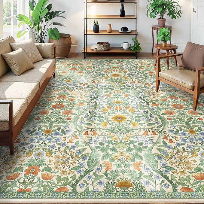9x12 Grass Green Vintage Floral Area Rug, Washable Large Boho Living Room Rugs by NakedCloud
