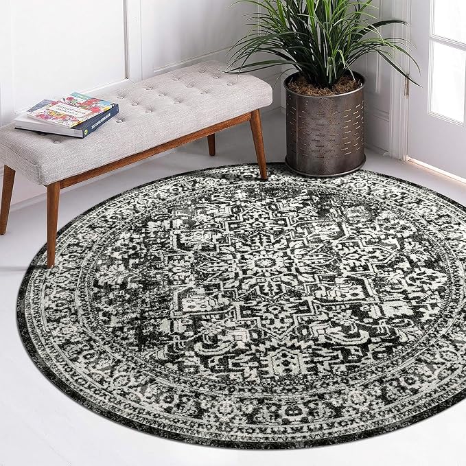 vivorug Round Rug 4ft Vintage-Inspired Round Area Rug Non-Slip Indoor Carpet by vivorug