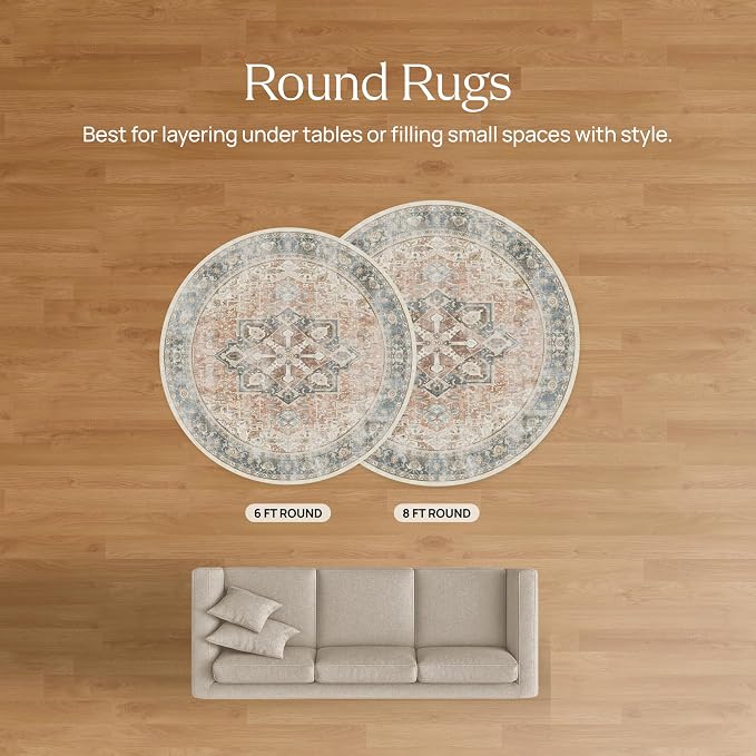 RUGGABLE Washable Vintage Area Rug – Verena Teal Blue 6 ft Round, - Image 8