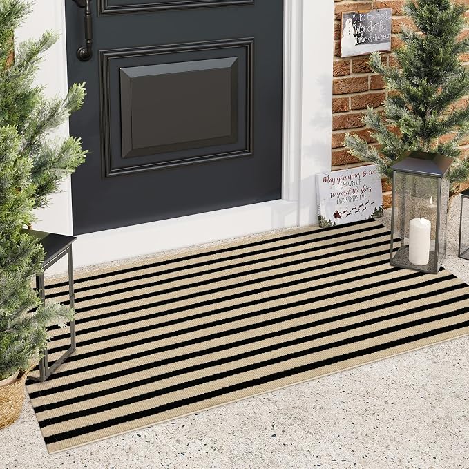 Outdoor Rug Front Door Mat 2'x4.3', Cotton Indoor Doormat Washable Black and - Image 3